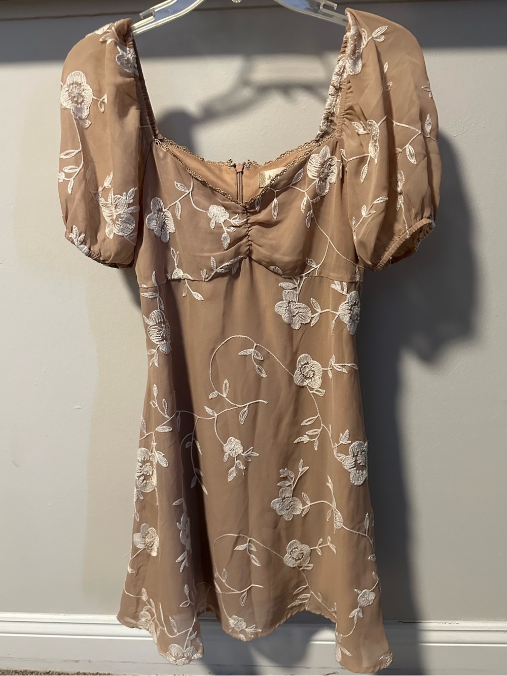 Altar'd State Beige Embroidered Puff-Sleeve Mini Dress